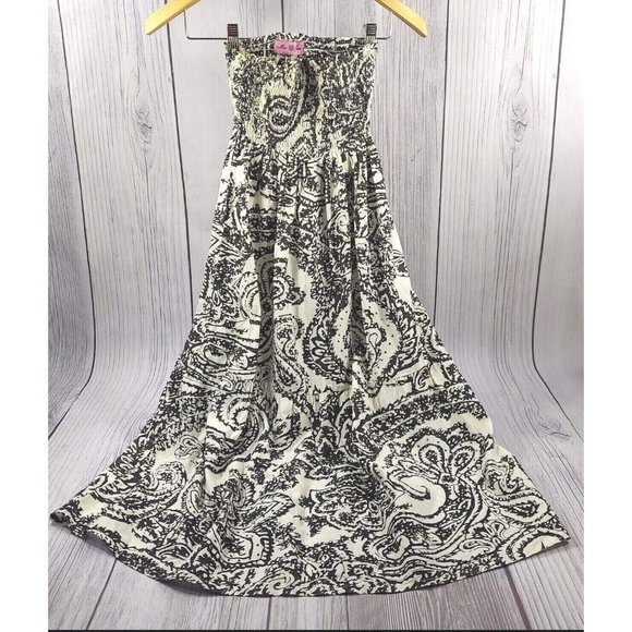 Strapless Summer Dress Ruffle Hem Shirred Detail Tube Dress Black/Beige Size S - Picture 8 of 11